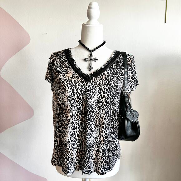 Rene Rofe Tops - Leopard Lace Trim‎ Top, Y2K, Coquette, Grunge, Edgy, Romantic, Small, Baddie